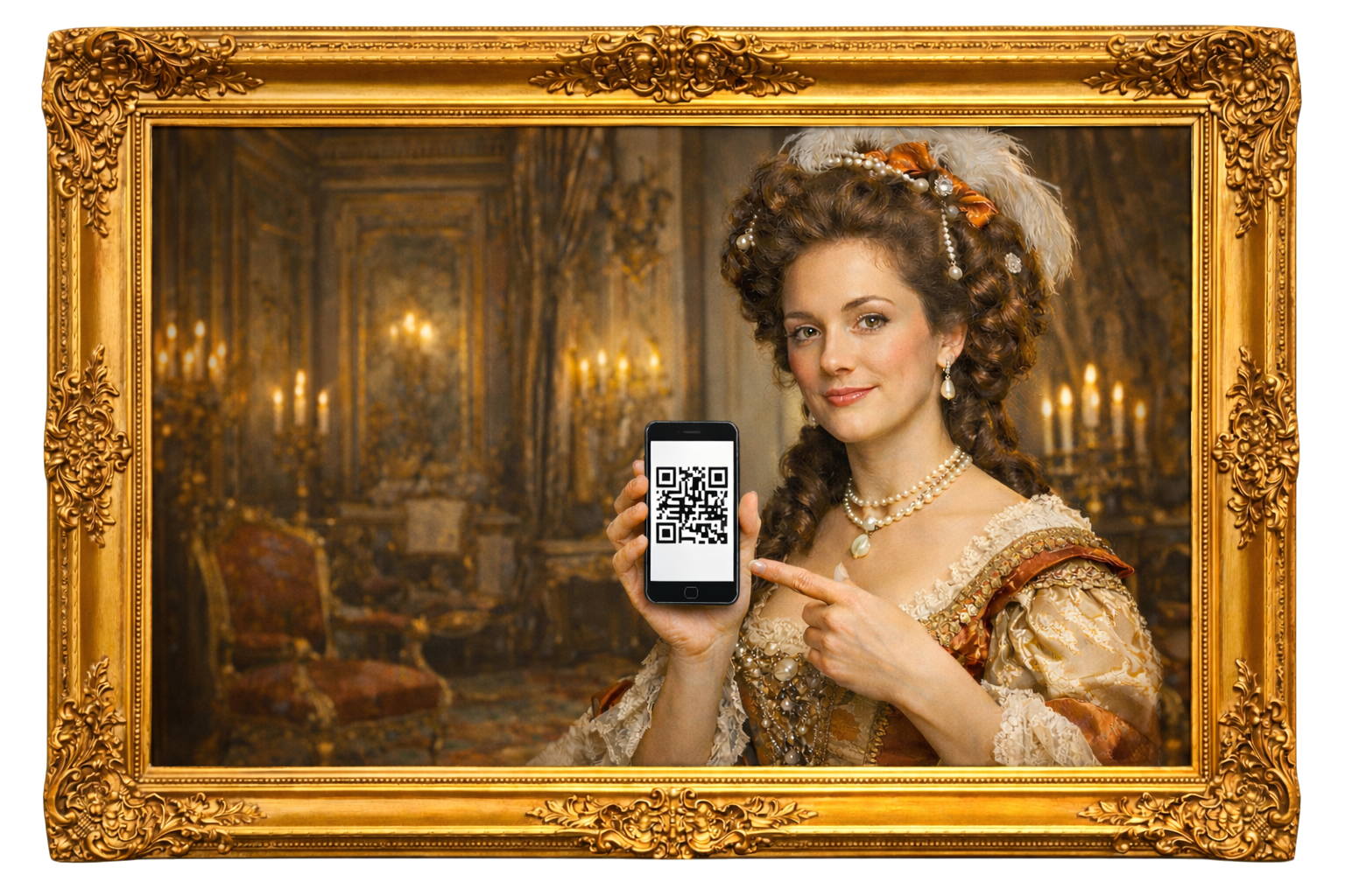 Personnage historique présentant un QR code dans un cadre doré
